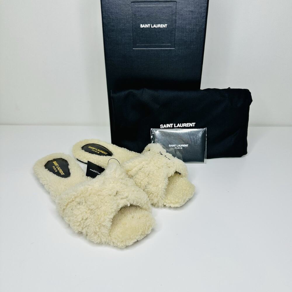 NIB Saint Laurent YSL Tribute EU 37 US 7 Slip On Flat Sandals Beige Shearling - Picture 2 of 9